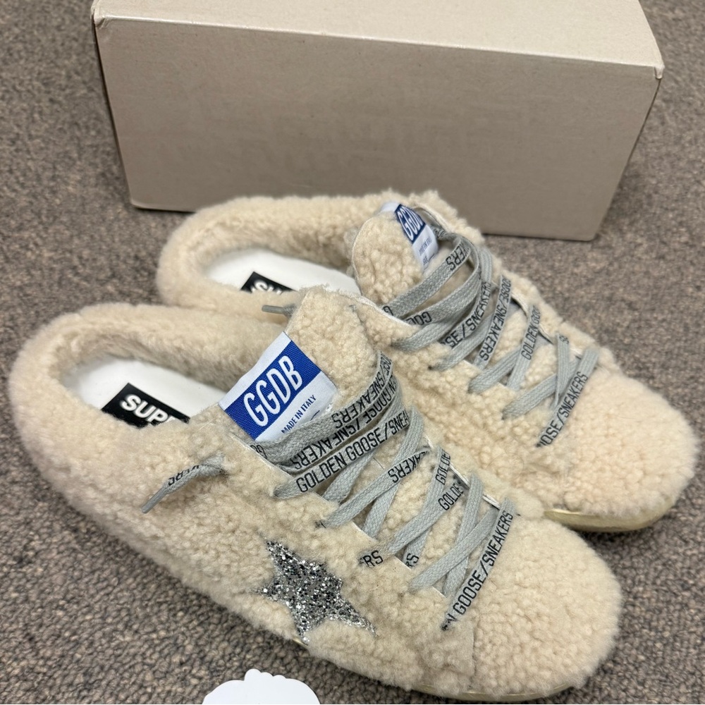 Golden Goose Beige Shearling Sneakers with Silver Star